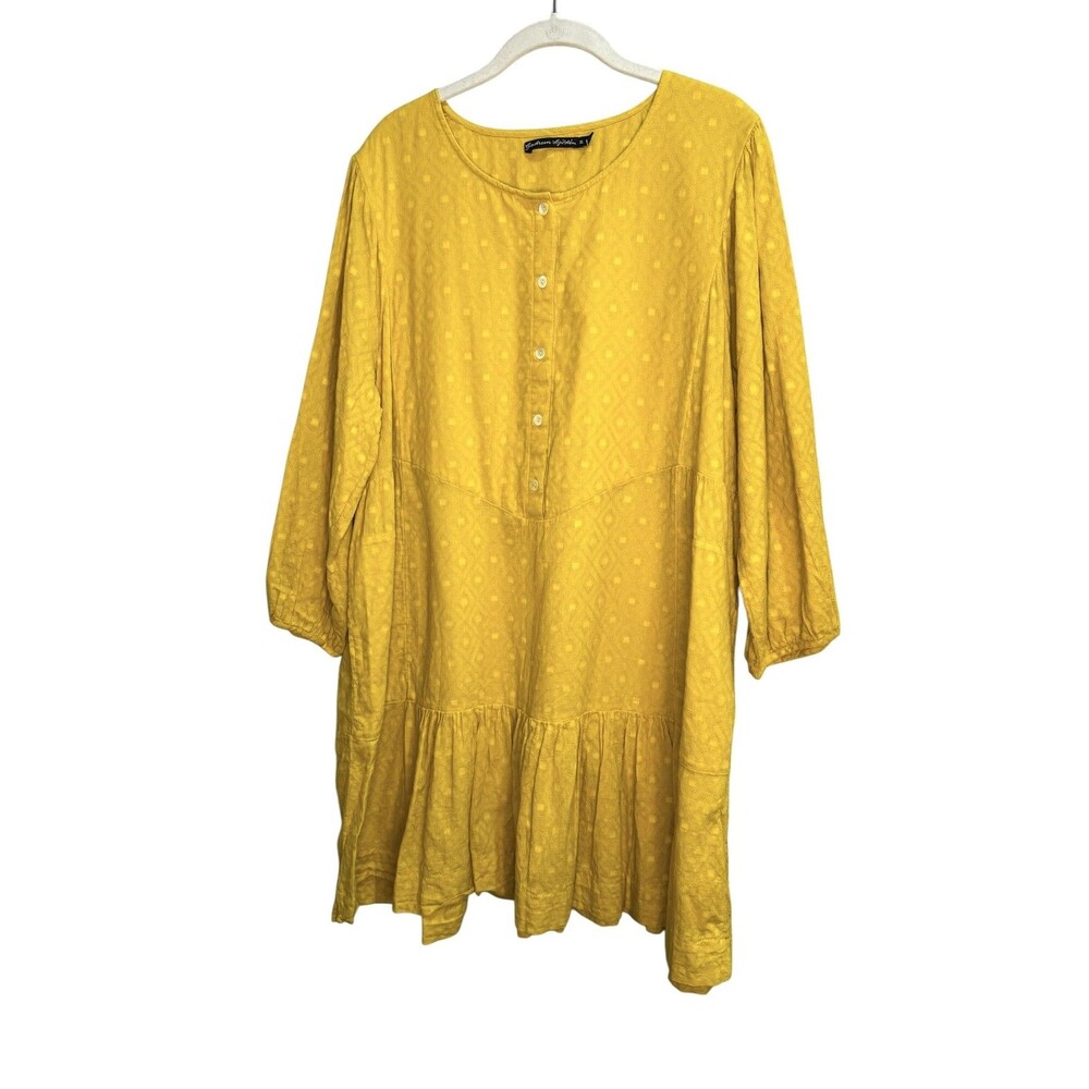 Gudrun Sjödén Dress Womens XL Yellow Jacquard Ruffle Hem 3/4 Sleeve Pockets